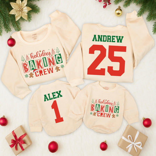 Holiday Baking Crew Matching Family Sweatshirts, Custom Christmas Outfits, Personalized Name Number Cookie Romper, Festive Christmas Tree Gingerbread  (139 chars)