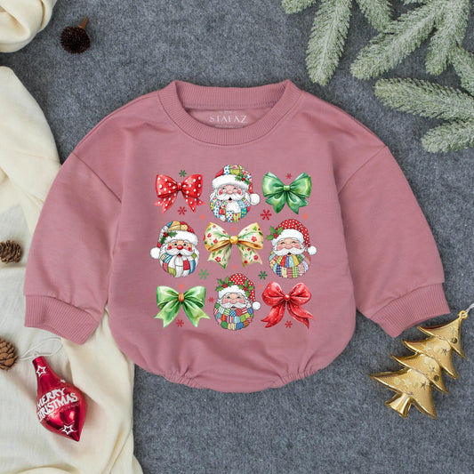 Patchwork Santa Claus Baby Bubble Romper Retro Christmas Vintage Holiday Infant Toddler Outfit Festive Shower Gift