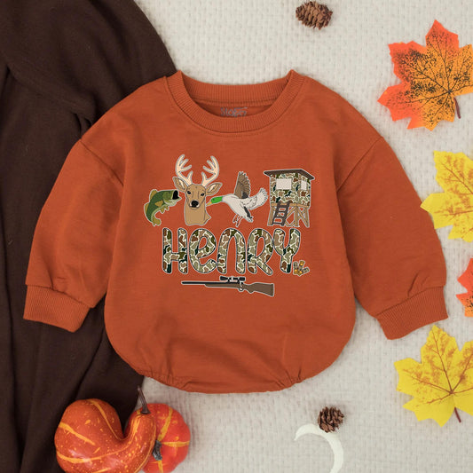 Personalized Lil' Hunter Romper: Custom Name Camo Baby Outfit with Bass, Deer & Duck Design, Outdoorsy Infant Clothes Gift for Baby Shower (139 chars)