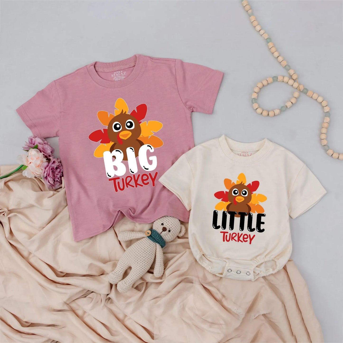 Custom Matching Big Little Turkey Sibling Kids Outfit with Playful Cartoon Turkeys Colorful Red Orange Yellow Feathers Thanksgiving Gift