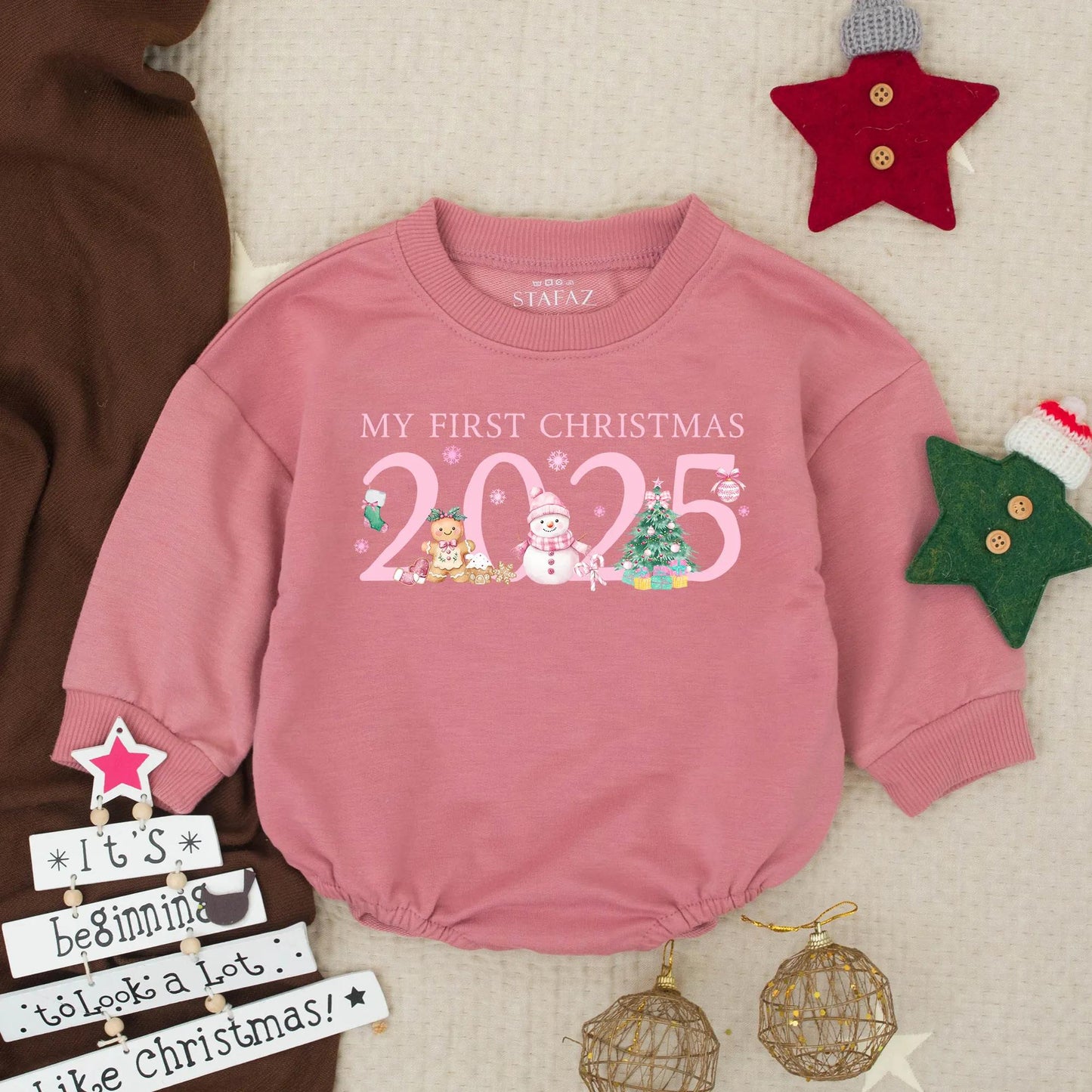 Baby Girl's First Christmas 2025 Pink Romper with Snowflakes & Festive Figures Newborn Holiday Gift