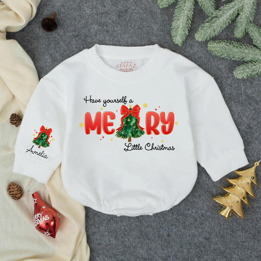 Personalized Merry Little Christmas Romper, Amelia's First Christmas Outfit, Bow Bodysuit, Winter Girl Clothes, Baby Shower Gift, Festive Holiday Romper Clothes