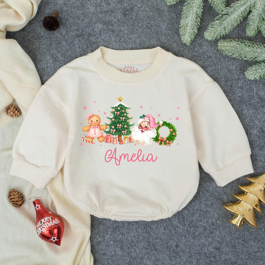 Amelia's Merry Christmas Baby Girl Romper, Pink Gingerbread & Snowflake Design, First Christmas Outfit, Personalized Toddler Gift