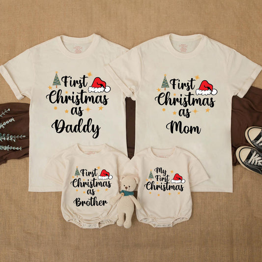 Personalized First Christmas Matching Family Shirts: Mommy, Daddy & Baby's First Xmas Outfits, Custom Name, Our First Holiday Family Celebration Tees