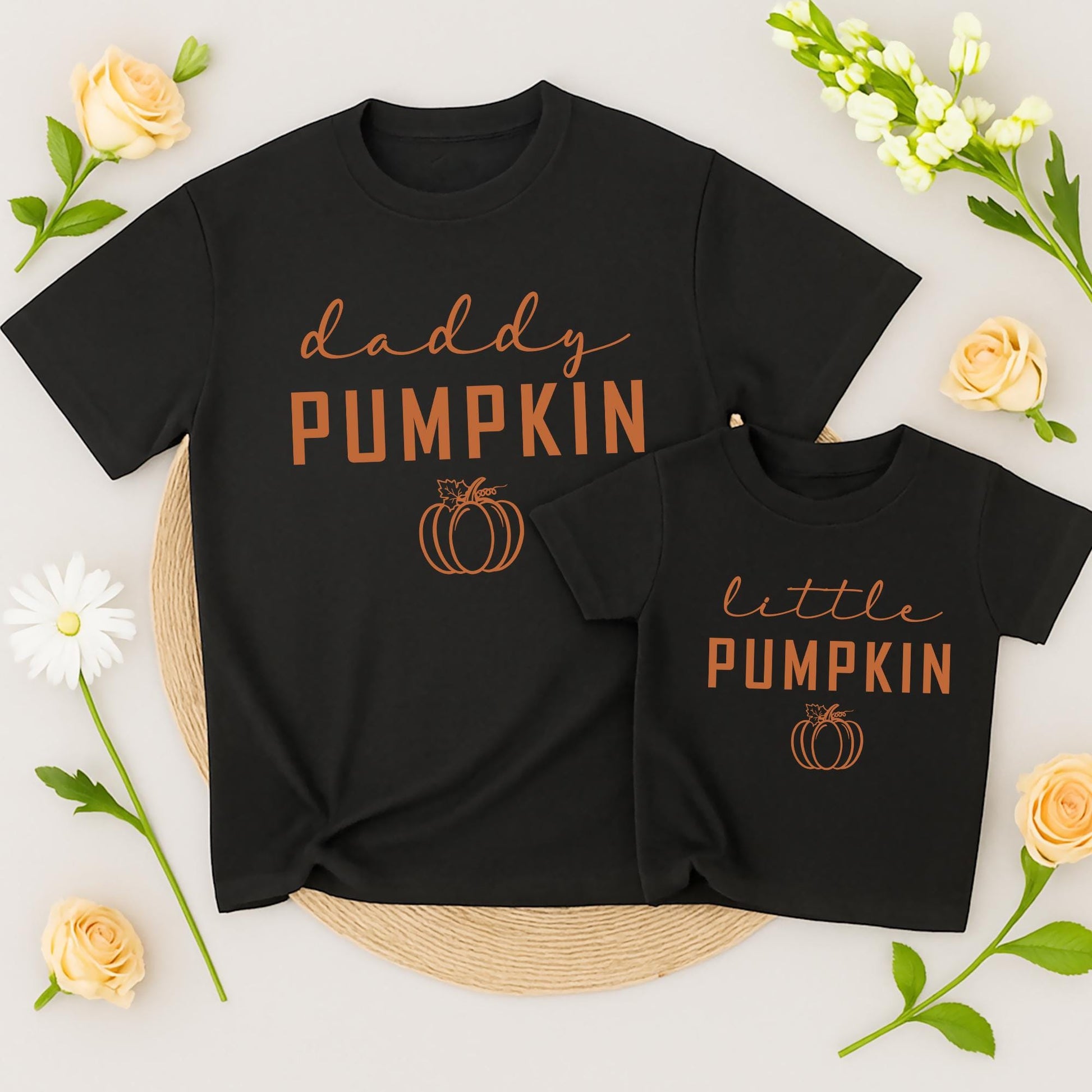 Matching Family Fall Pumpkin Shirts Mama Daddy Little Baby Thanksgiving Outfits with Warm Brown Bold PUMPKIN Text, Cursive Details and Curly Vines