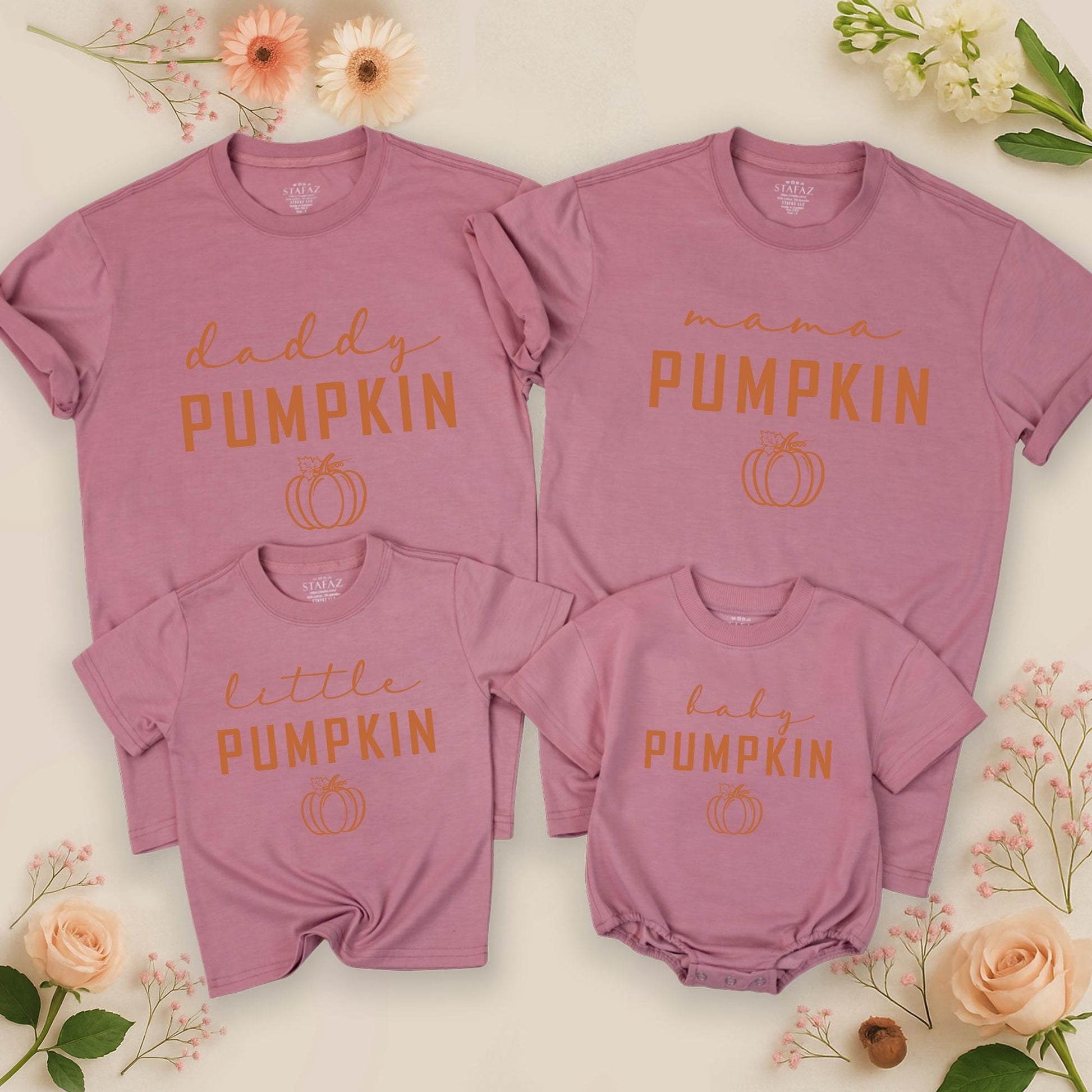 Matching Family Fall Pumpkin Shirts Mama Daddy Little Baby Thanksgiving Outfits with Warm Brown Bold PUMPKIN Text, Cursive Details and Curly Vines