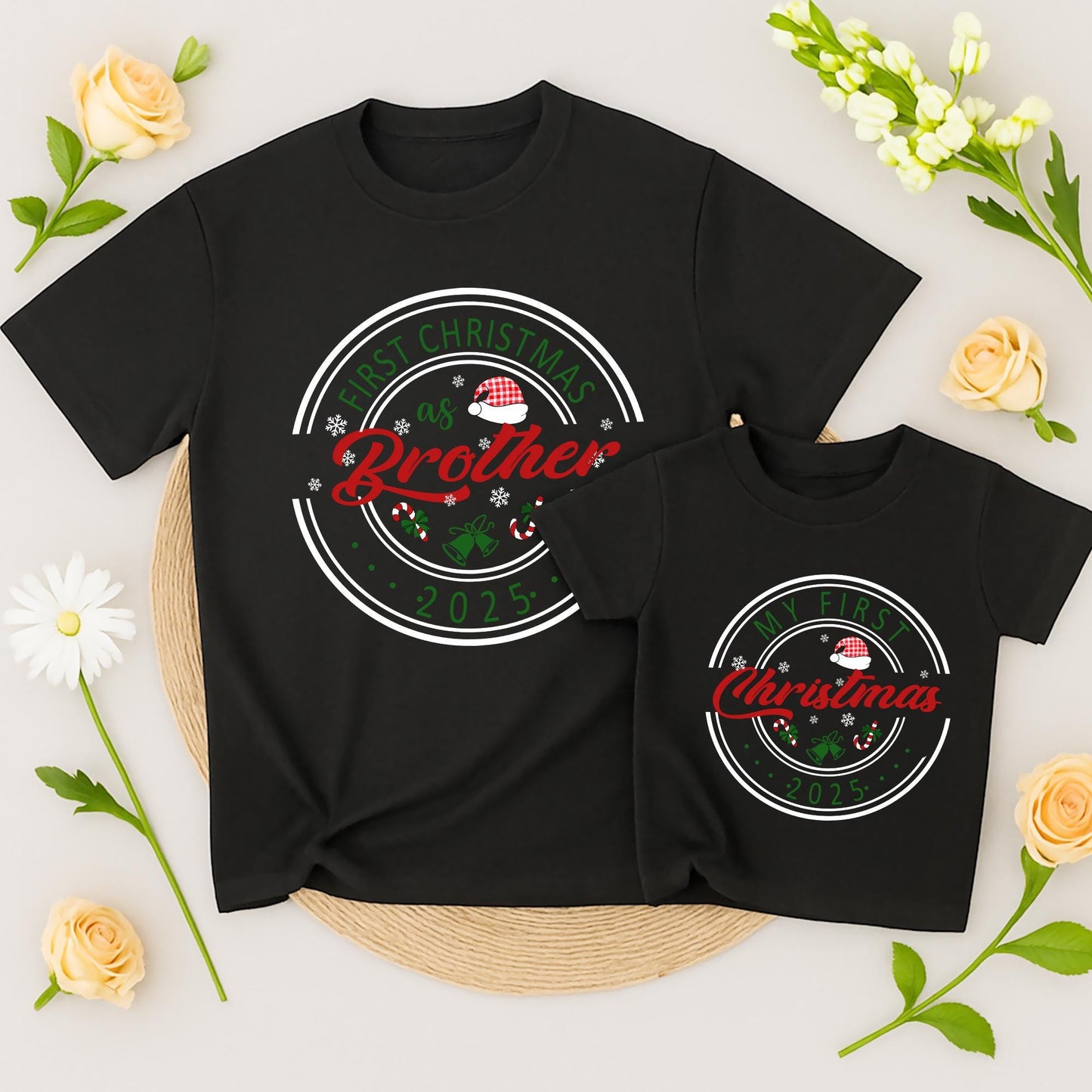 My First Christmas 2025 Personalized Family Matching Shirt for Mom Dad Brother Baby Vintage Festive Snowflakes Candy Canes