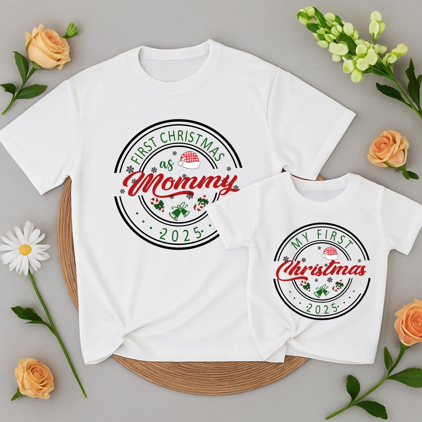 My First Christmas 2025 Personalized Family Matching Shirt for Mom Dad Brother Baby Vintage Festive Snowflakes Candy Canes