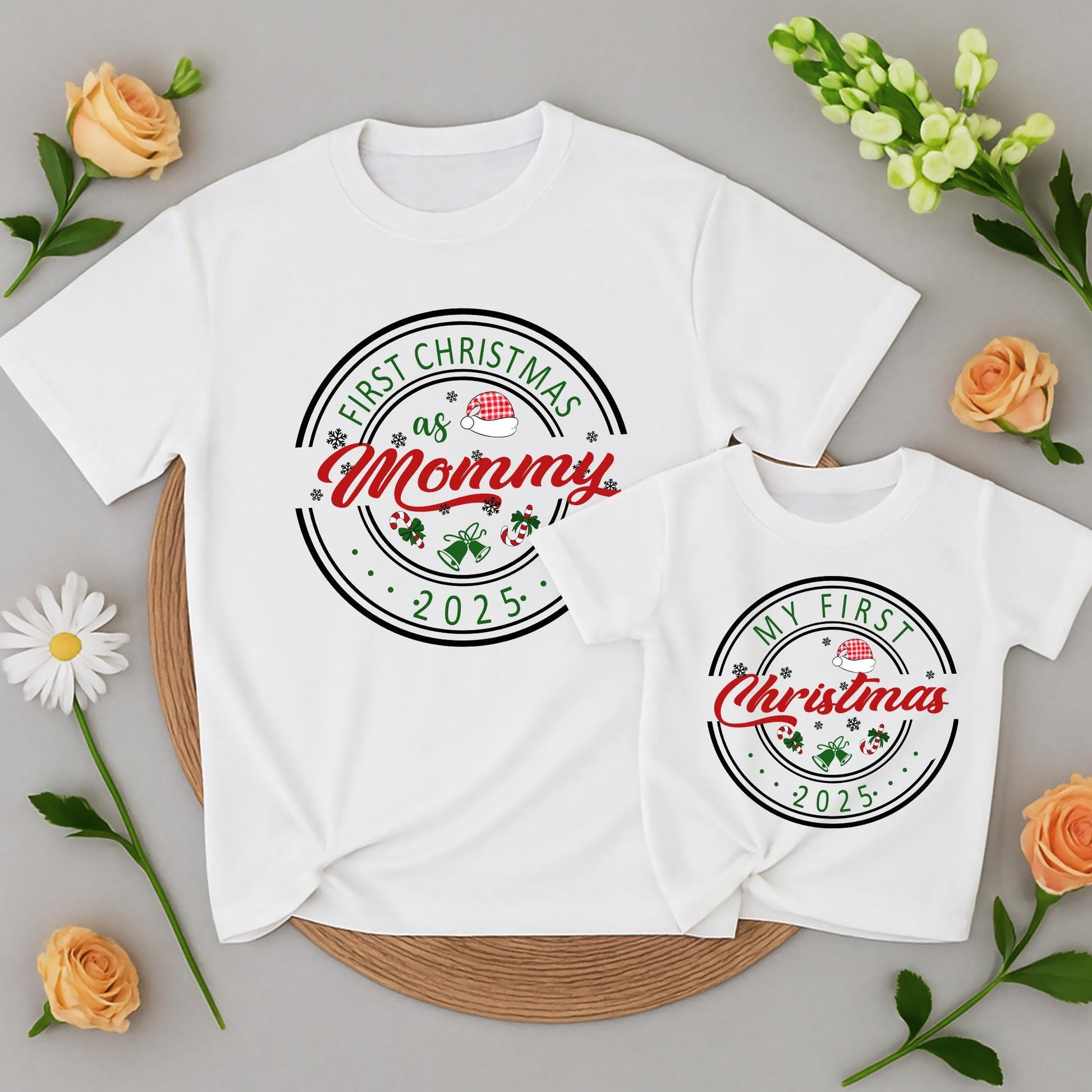 My First Christmas 2025 Personalized Family Matching Shirt for Mom Dad Brother Baby Vintage Festive Snowflakes Candy Canes