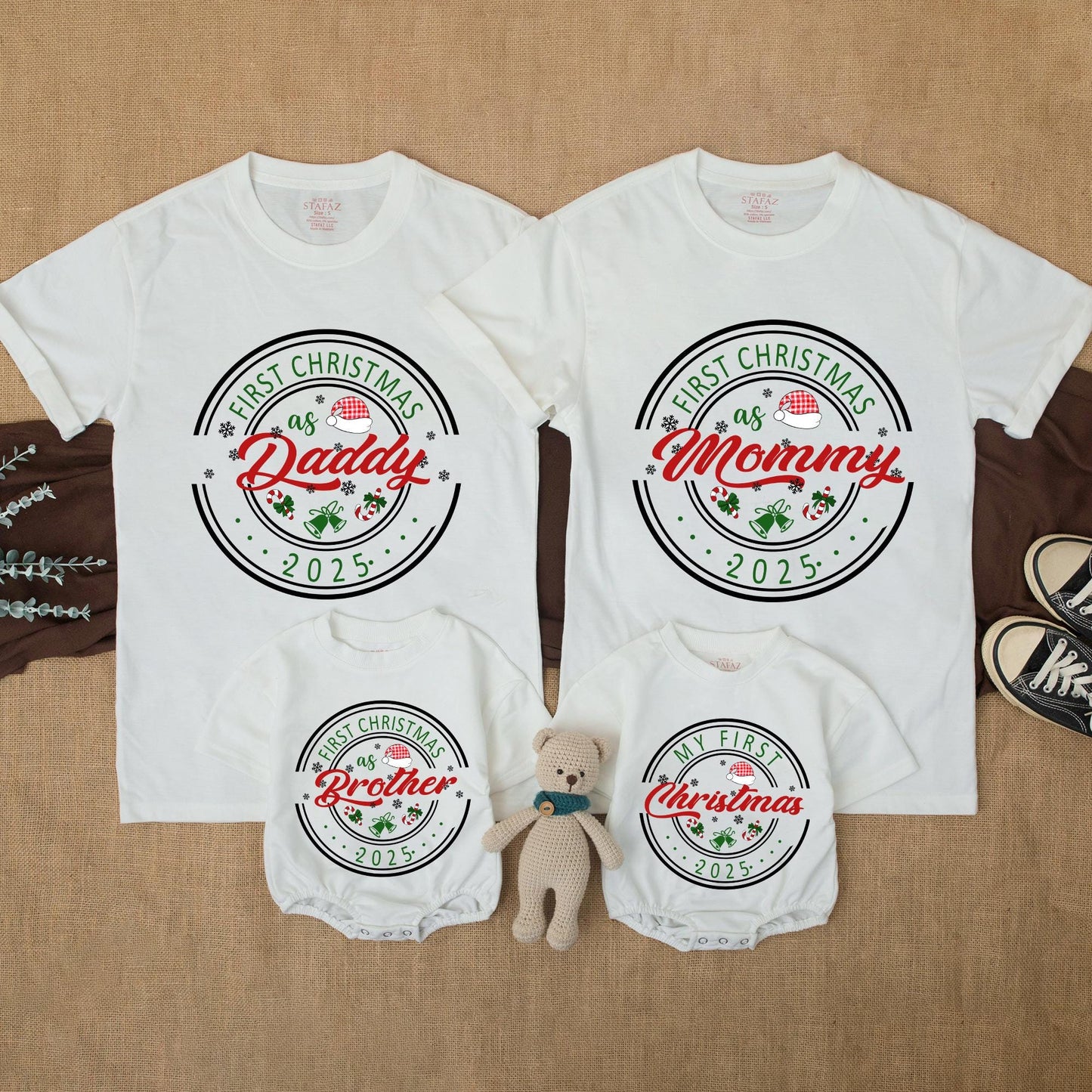 My First Christmas 2025 Personalized Family Matching Shirt for Mom Dad Brother Baby Vintage Festive Snowflakes Candy Canes