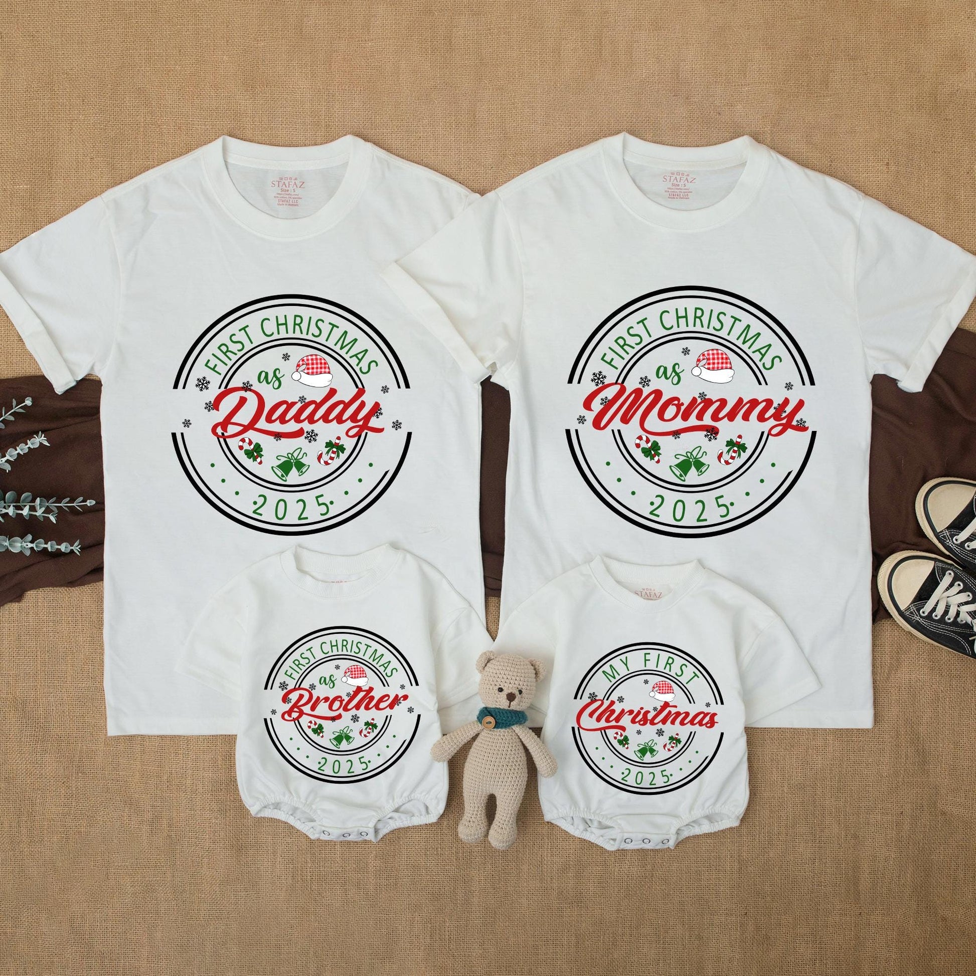My First Christmas 2025 Personalized Family Matching Shirt for Mom Dad Brother Baby Vintage Festive Snowflakes Candy Canes