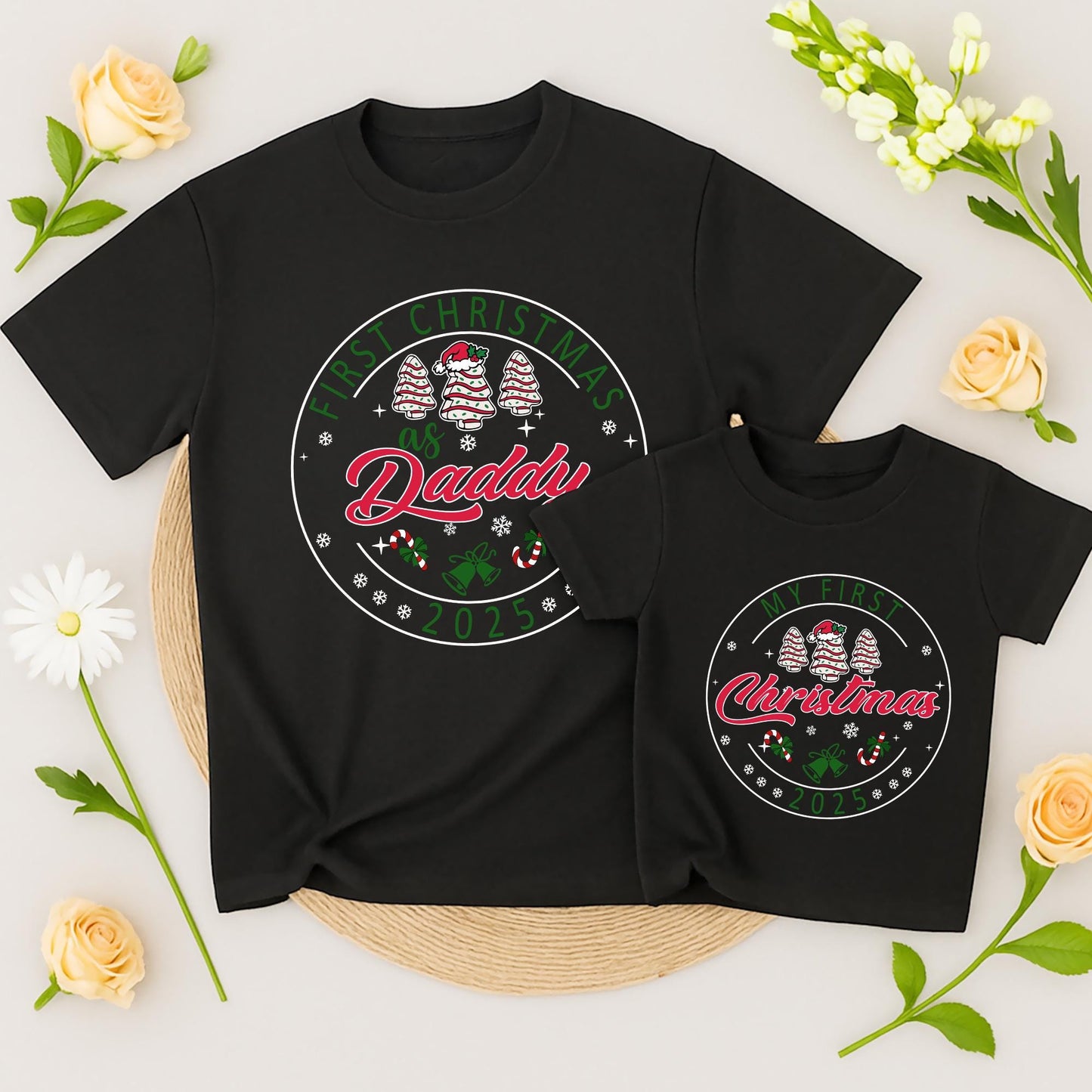 Personalized First Christmas Family Matching Shirt 2025 with Names Festive Red Green Tree Snowflake Bell Candy Cane Design Soft Cotton Holiday
