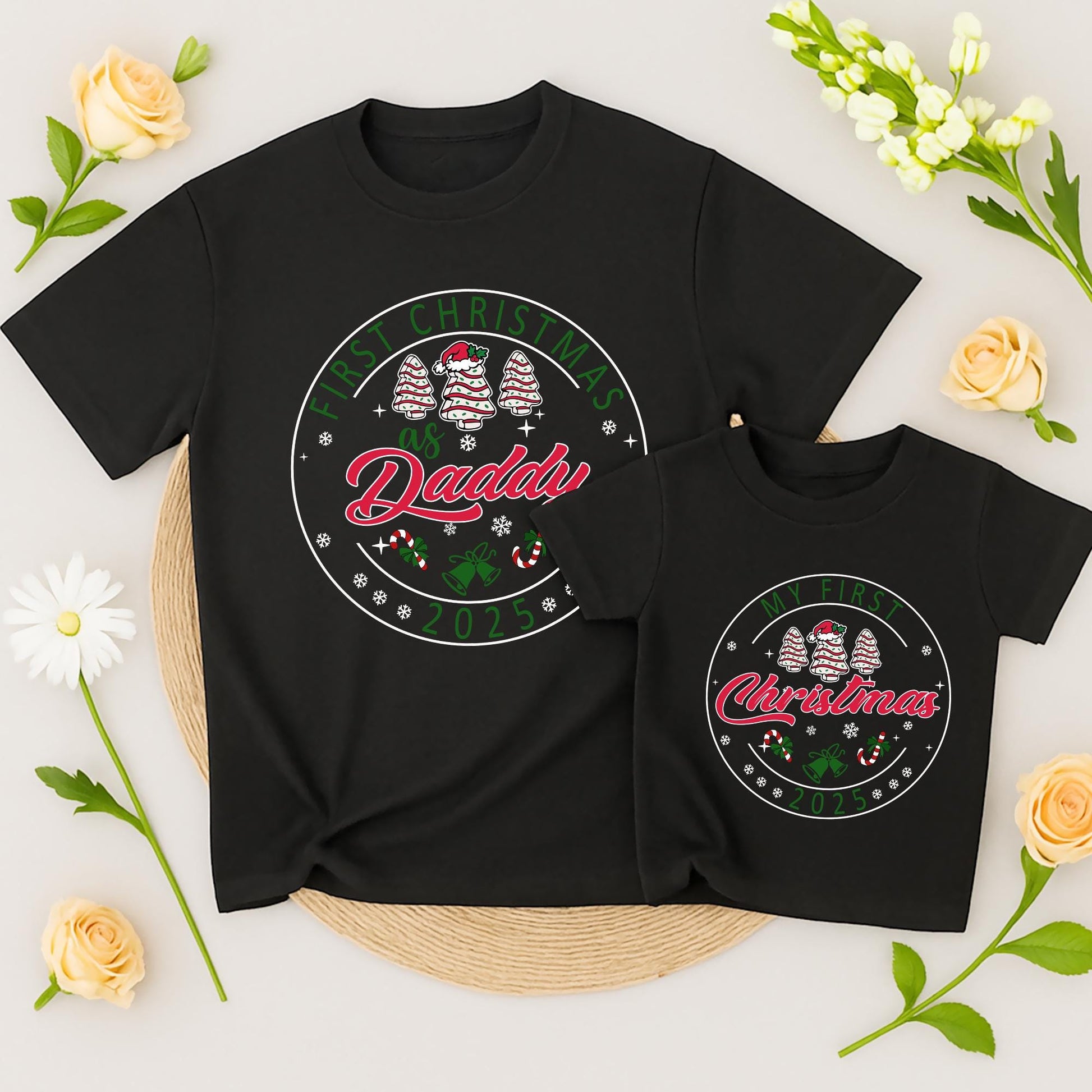 Personalized First Christmas Family Matching Shirt 2025 with Names Festive Red Green Tree Snowflake Bell Candy Cane Design Soft Cotton Holiday