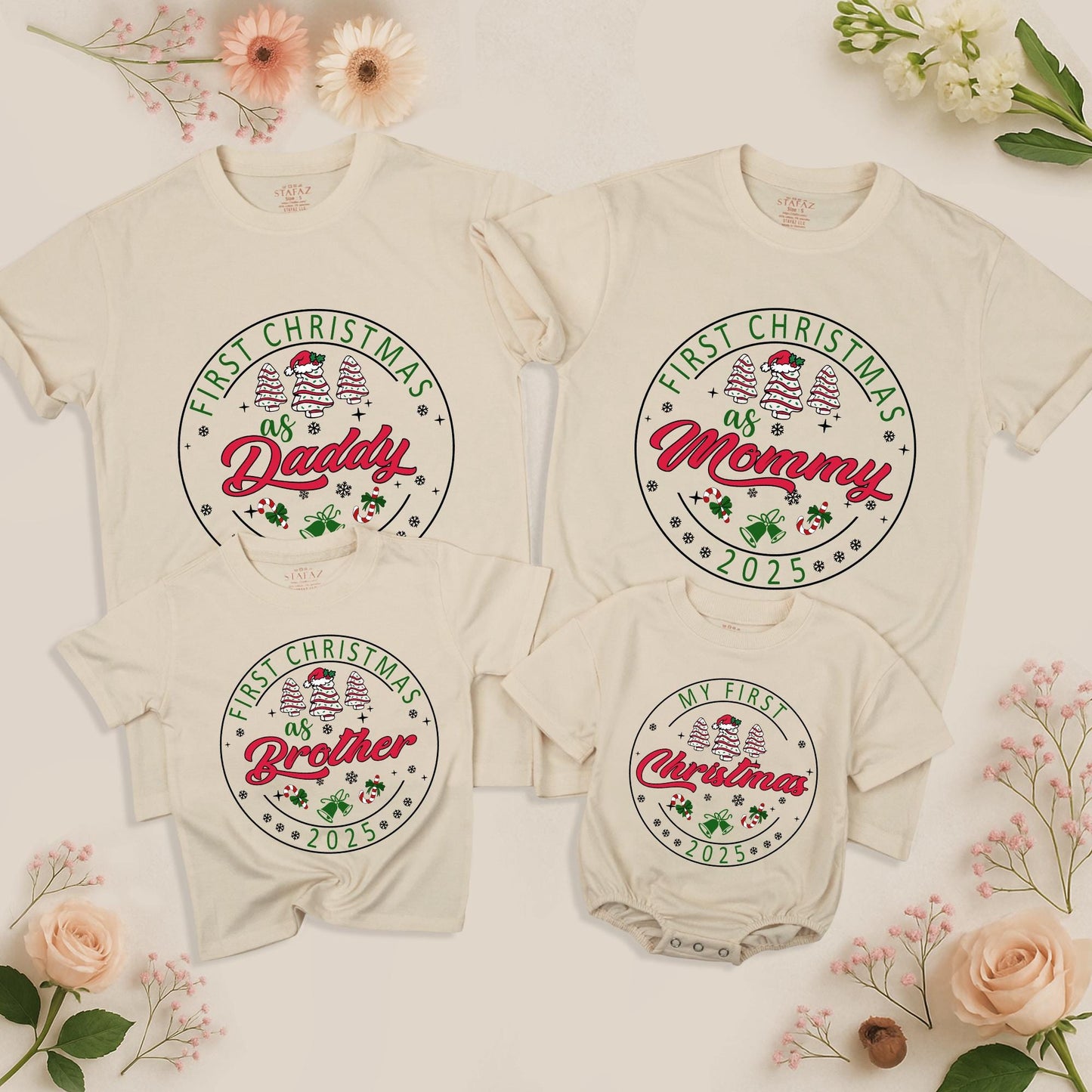 Personalized First Christmas Family Matching Shirt 2025 with Names Festive Red Green Tree Snowflake Bell Candy Cane Design Soft Cotton Holiday