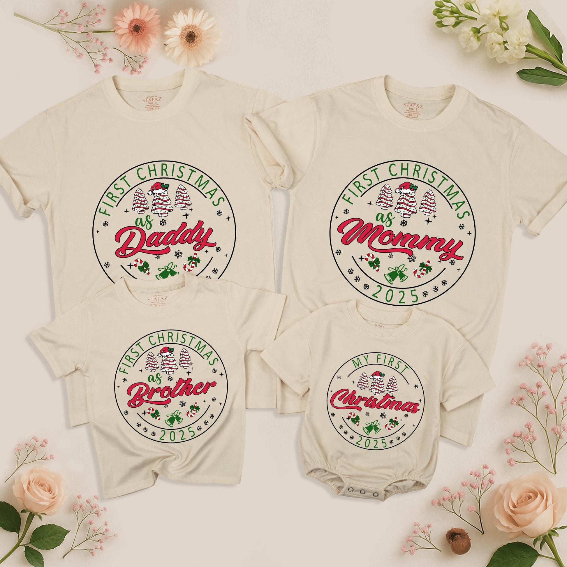 Personalized First Christmas Family Matching Shirt 2025 with Names Festive Red Green Tree Snowflake Bell Candy Cane Design Soft Cotton Holiday
