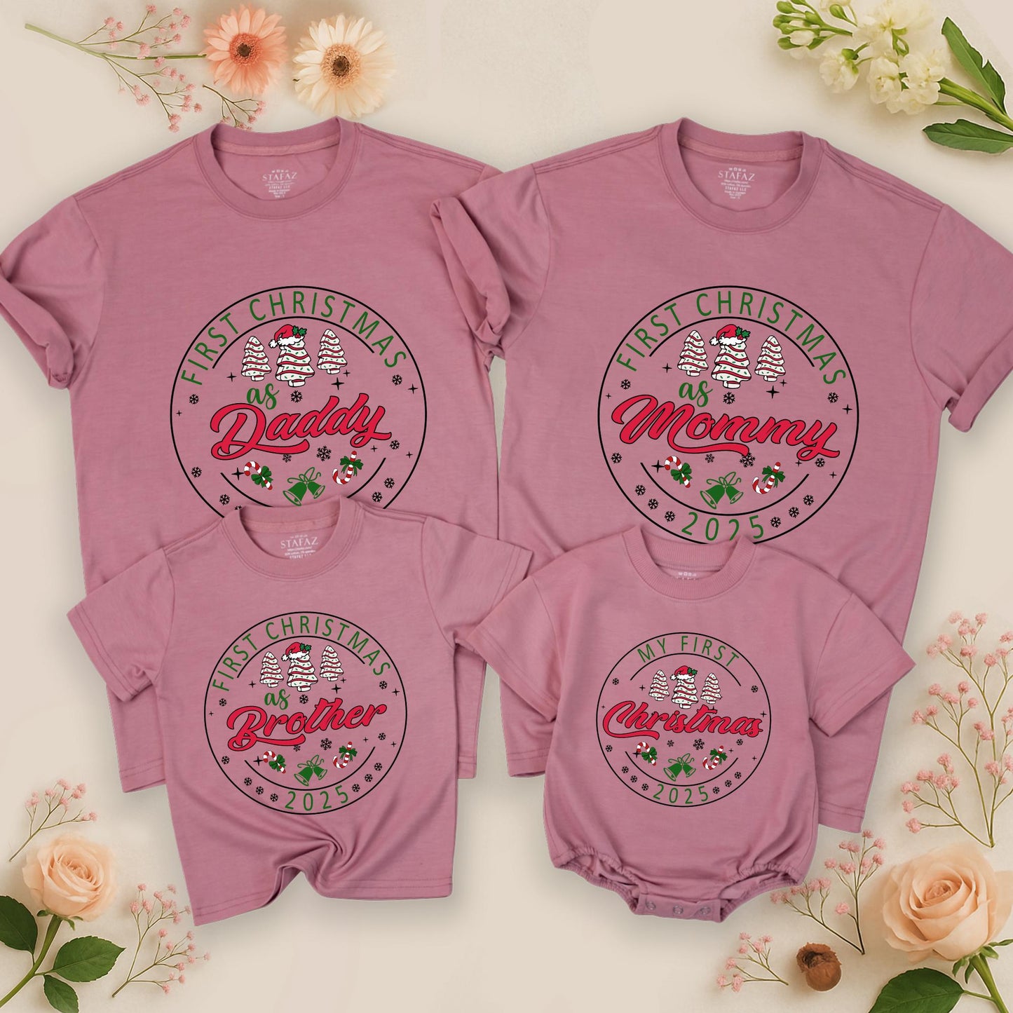 Personalized First Christmas Family Matching Shirt 2025 with Names Festive Red Green Tree Snowflake Bell Candy Cane Design Soft Cotton Holiday