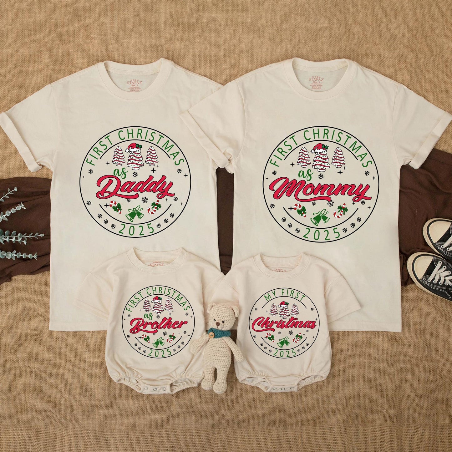 Personalized First Christmas Family Matching Shirt 2025 with Names Festive Red Green Tree Snowflake Bell Candy Cane Design Soft Cotton Holiday