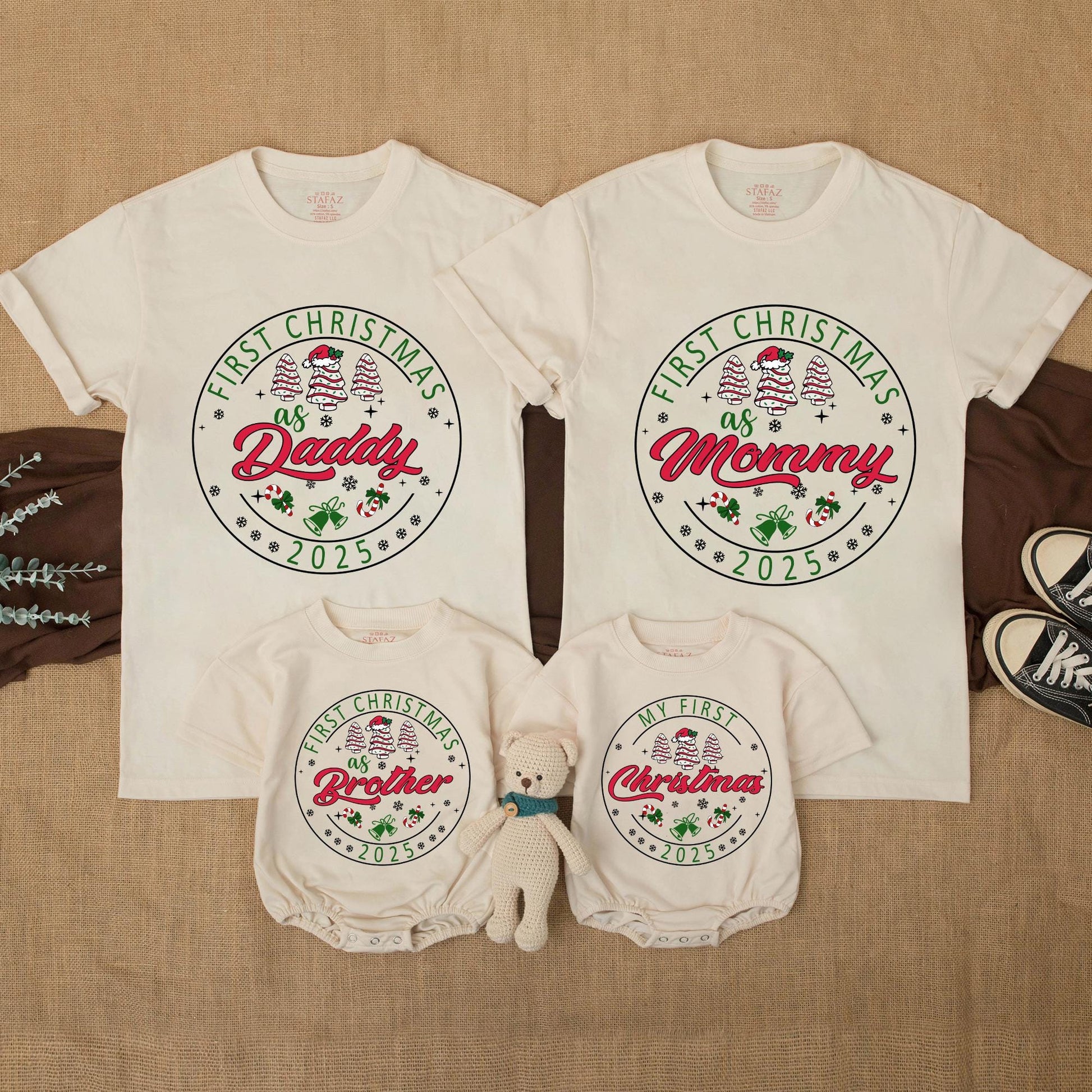 Personalized First Christmas Family Matching Shirt 2025 with Names Festive Red Green Tree Snowflake Bell Candy Cane Design Soft Cotton Holiday