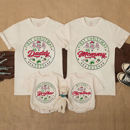 Personalized First Christmas Family Matching Shirt 2025 with Names Festive Red Green Tree Snowflake Bell Candy Cane Design Soft Cotton Holiday