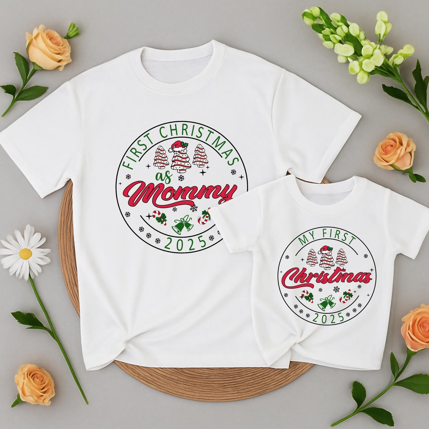 Personalized First Christmas Family Matching Shirt 2025 with Names Festive Red Green Tree Snowflake Bell Candy Cane Design Soft Cotton Holiday