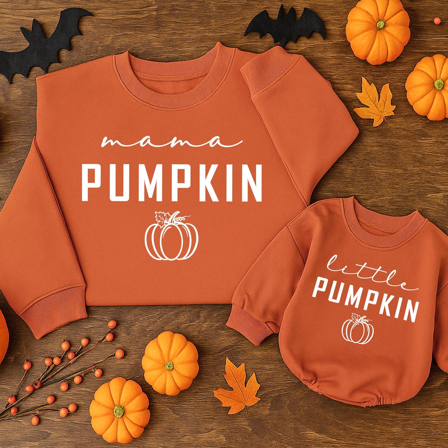 Personalized Matching Family Pumpkin Sweatshirts featuring Mama Daddy Little Baby designs Retro Fall Halloween Season Gifts