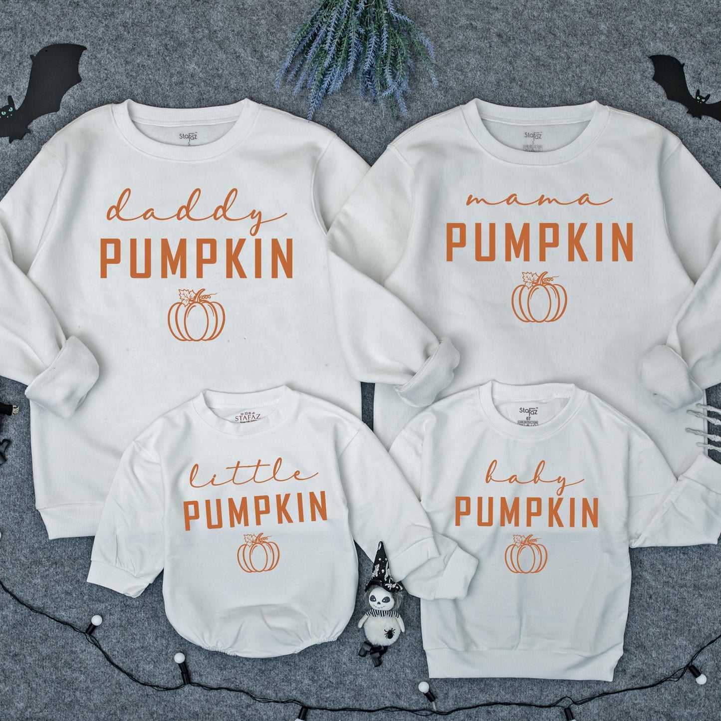 Personalized Matching Family Pumpkin Sweatshirts featuring Mama Daddy Little Baby designs Retro Fall Halloween Season Gifts