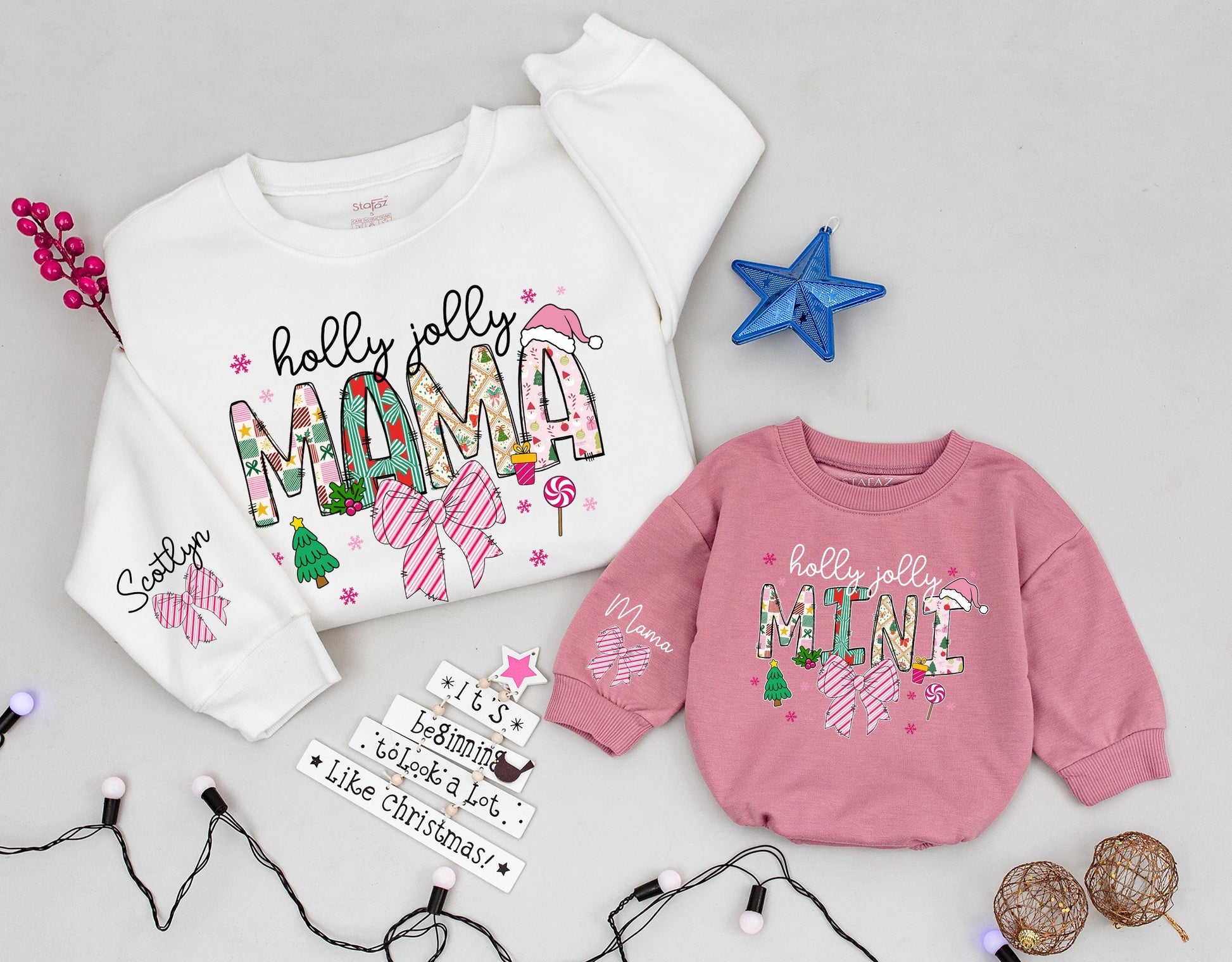 Holly Jolly Mama and Mini Matching Christmas Sweaters, Baby Girl Holiday Romper Outfit, Pink Snowflakes and Bows Family Sweaters Gift Set (139)