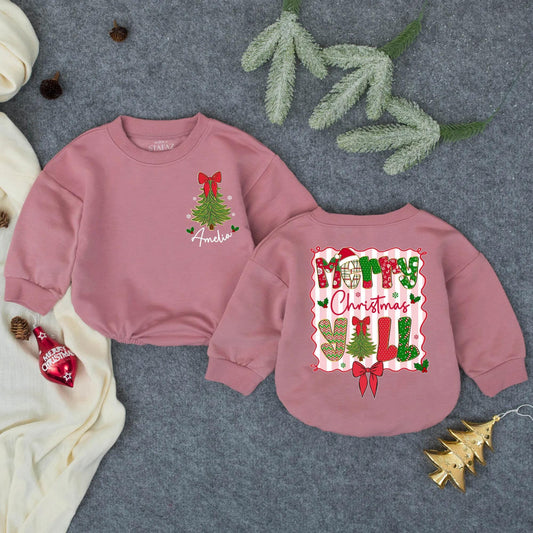 Personalized Merry Christmas Yall Bubble Romper Baby Girl Outfit Whimsical Tree Snowflakes Holly Pink Stripes Toddler Bodysuit Winter Holiday Gift