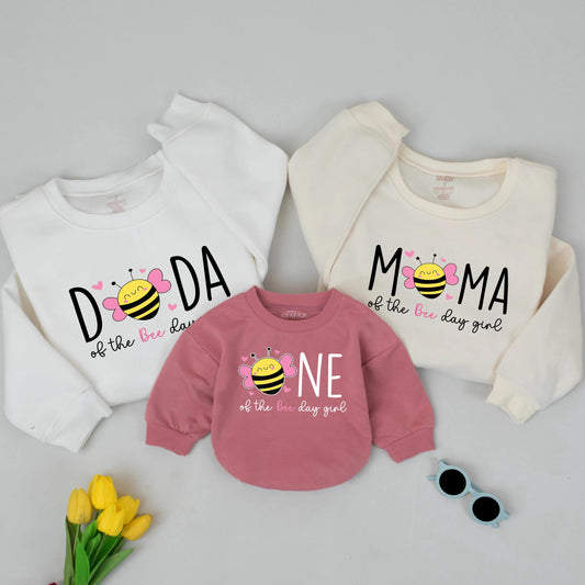 DADA MAMA ONE Bee 1st Birthday Matching Shirts: Sweet Bee Day Girl Outfit for Family, Daughters Party, First Birthday Bee Celebration, Hearts, Pink