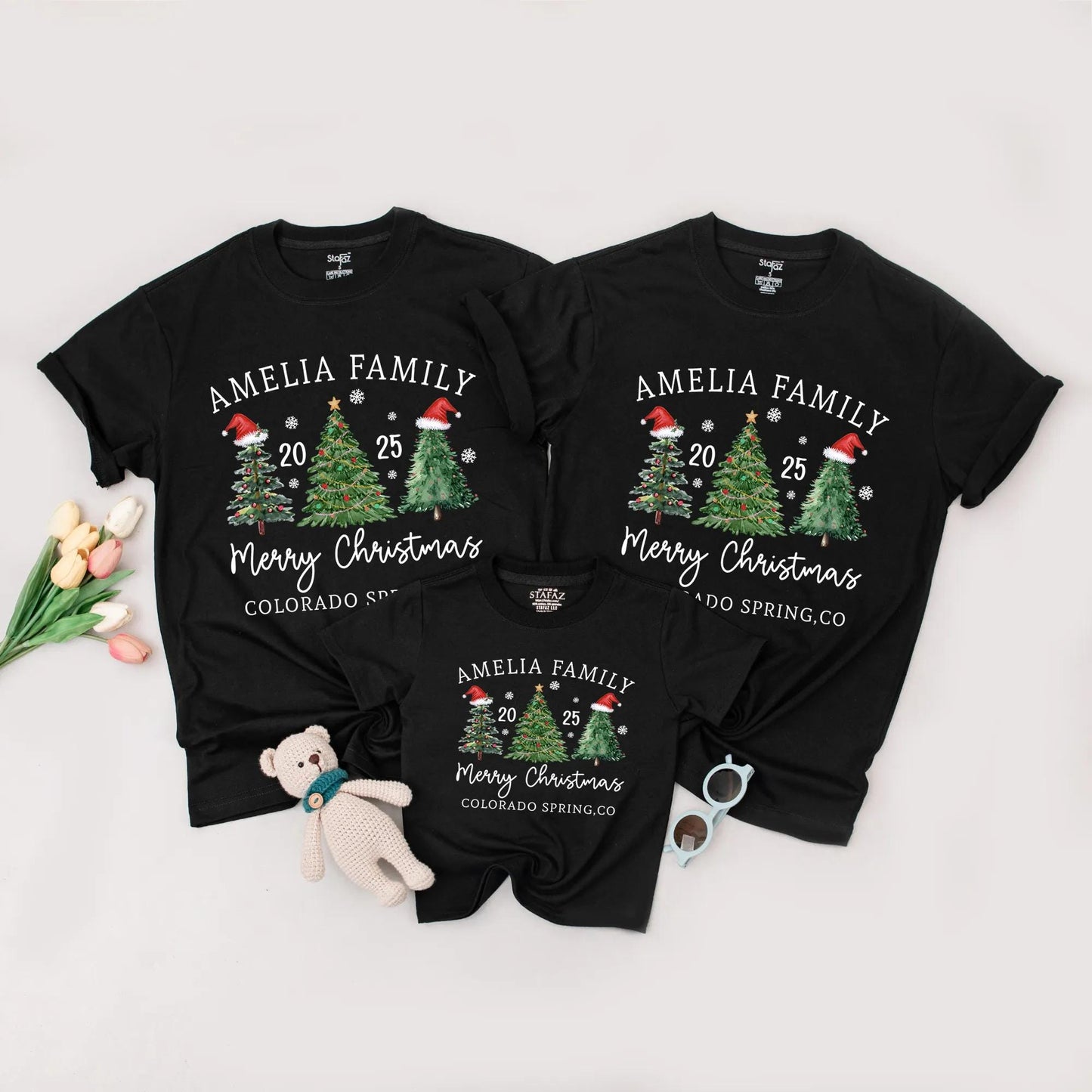 Custom Matching Family Christmas 2025 Shirt, Whimsical Watercolor Tree Design Featuring Your Family Name, Merry Christmas, Santa Hat