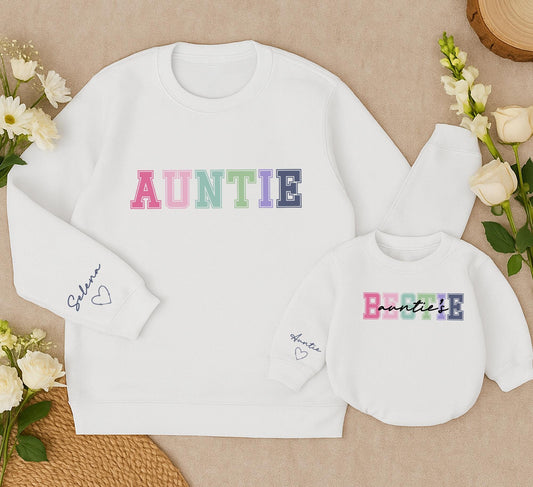 Personalized Matching Auntie & Bestie Sweatshirt Romper Set Pastel Block Letter Outlines Cursive Names Modern Baby Toddler Gift