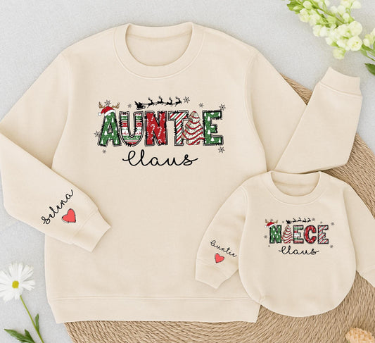 Matching Auntie & Niece Claus Christmas Sweatshirts: Festive Holiday Outfits for Her, Aunt Gift, Playful Family Matching, Red, Green, & White, Comfy Cotton (139 chars)