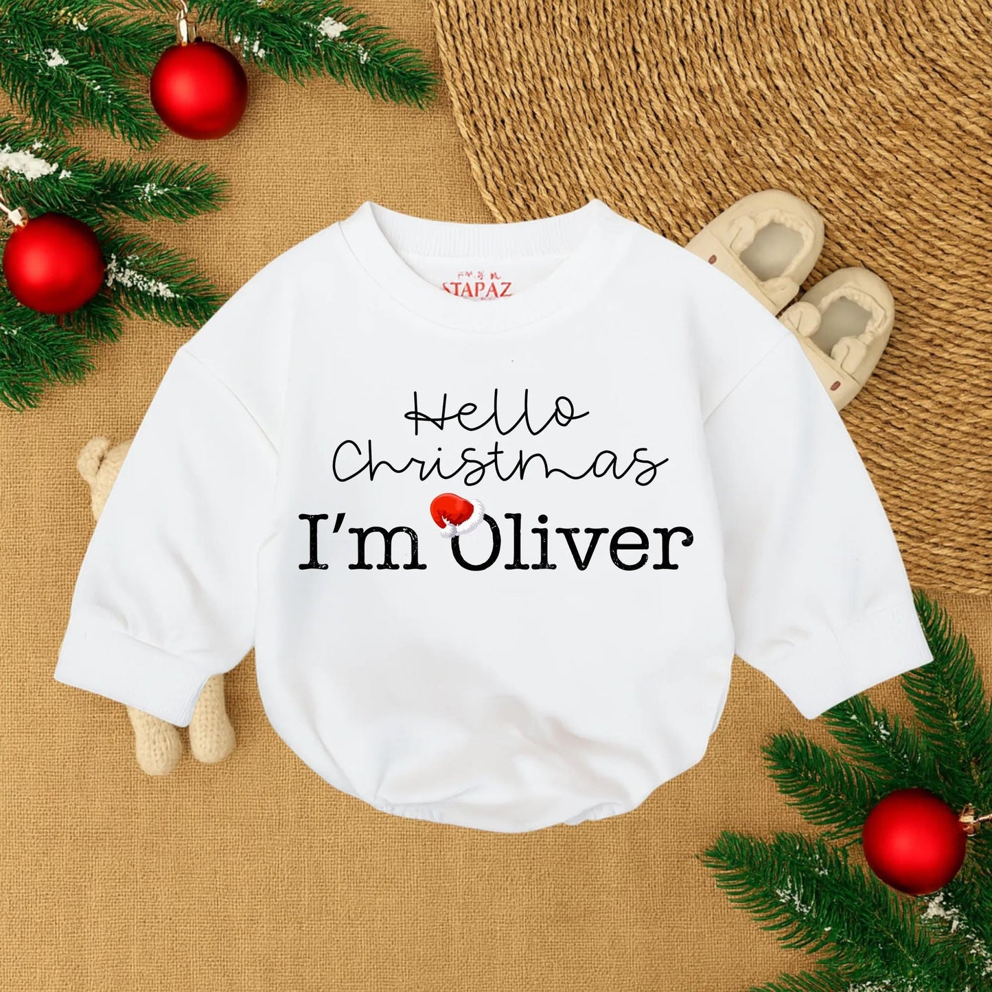 Baby Girl's 1st Christmas Romper 'Hello Christmas I'm Oliver' Santa Hat Design Newborn Outfit Gift Idea, Cozy & Comfortable