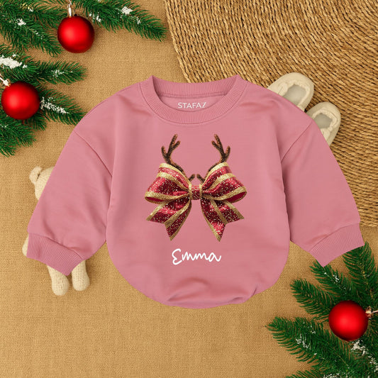 Personalized Christmas Bow Romper: Reindeer Antlers & Gold Glitter, Custom Name Baby Girl Holiday Outfit, First Christmas Gift, Cute Festive Clothes