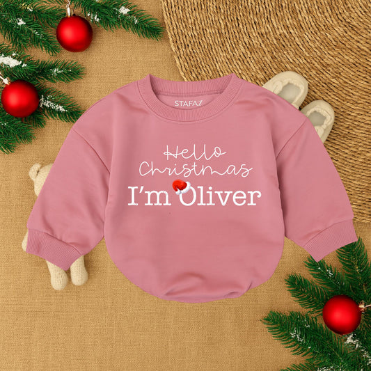 Baby Girl's 1st Christmas Romper 'Hello Christmas I'm Oliver' Santa Hat Design Newborn Outfit Gift Idea, Cozy & Comfortable