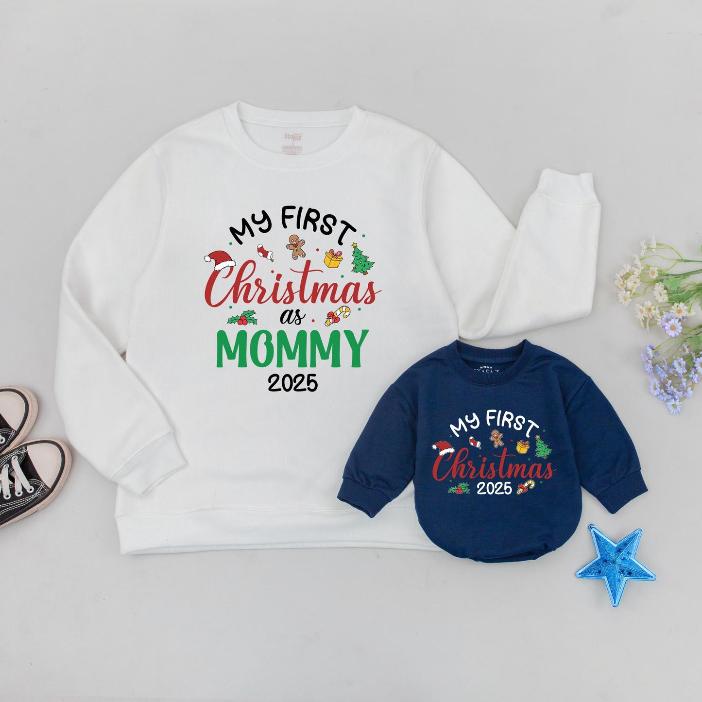 My First Christmas 2025 Sweatshirt for Mommy & Daddy Matching Family Festive Gifts with Santa Hats Stockings & Gifts Custom New Parent Apparel