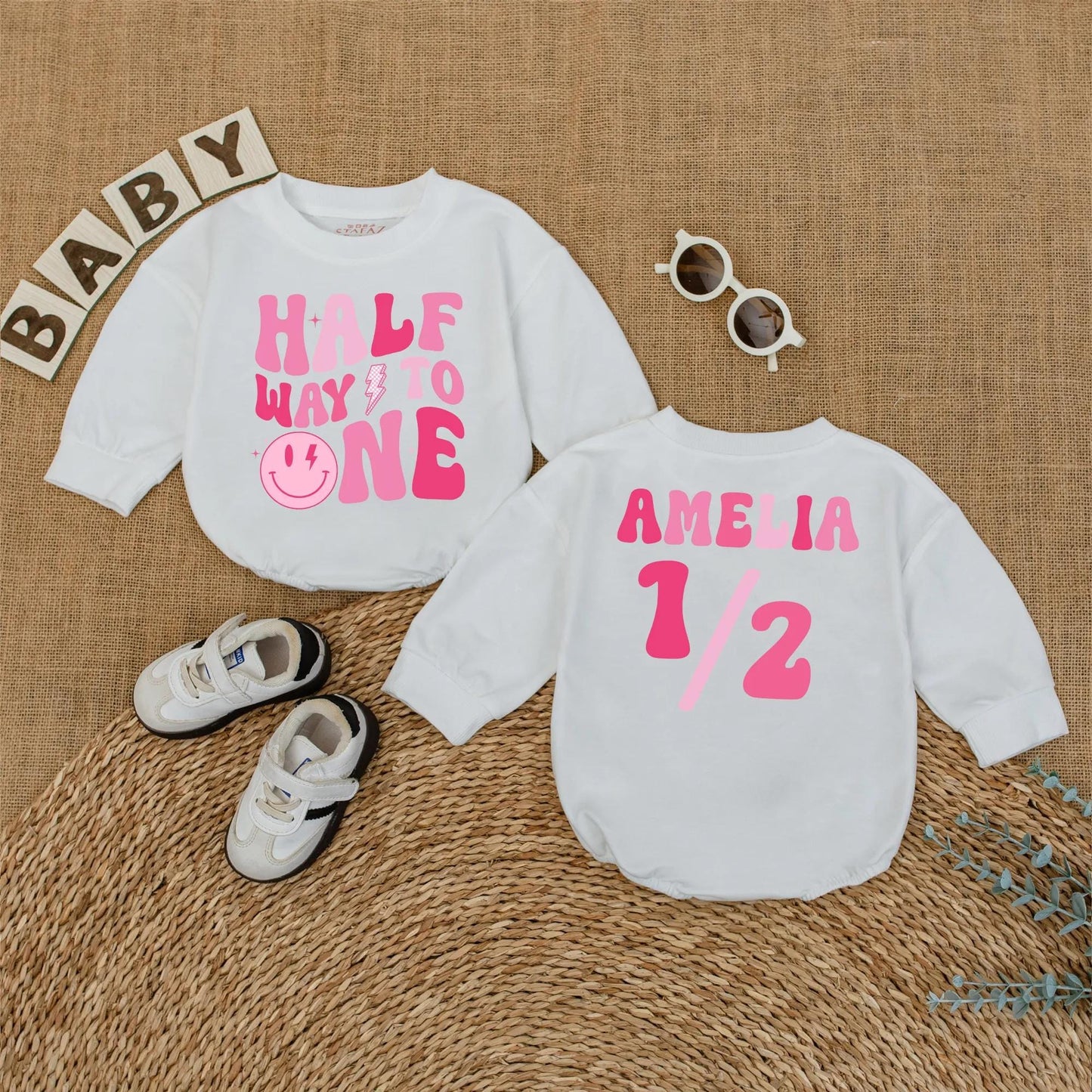 Personalized Pink Half Way to One Baby Girl Romper with Custom Name, Playful Smiley Face Lightning Bolt 6 Month Milestone Bubble Bodysuit