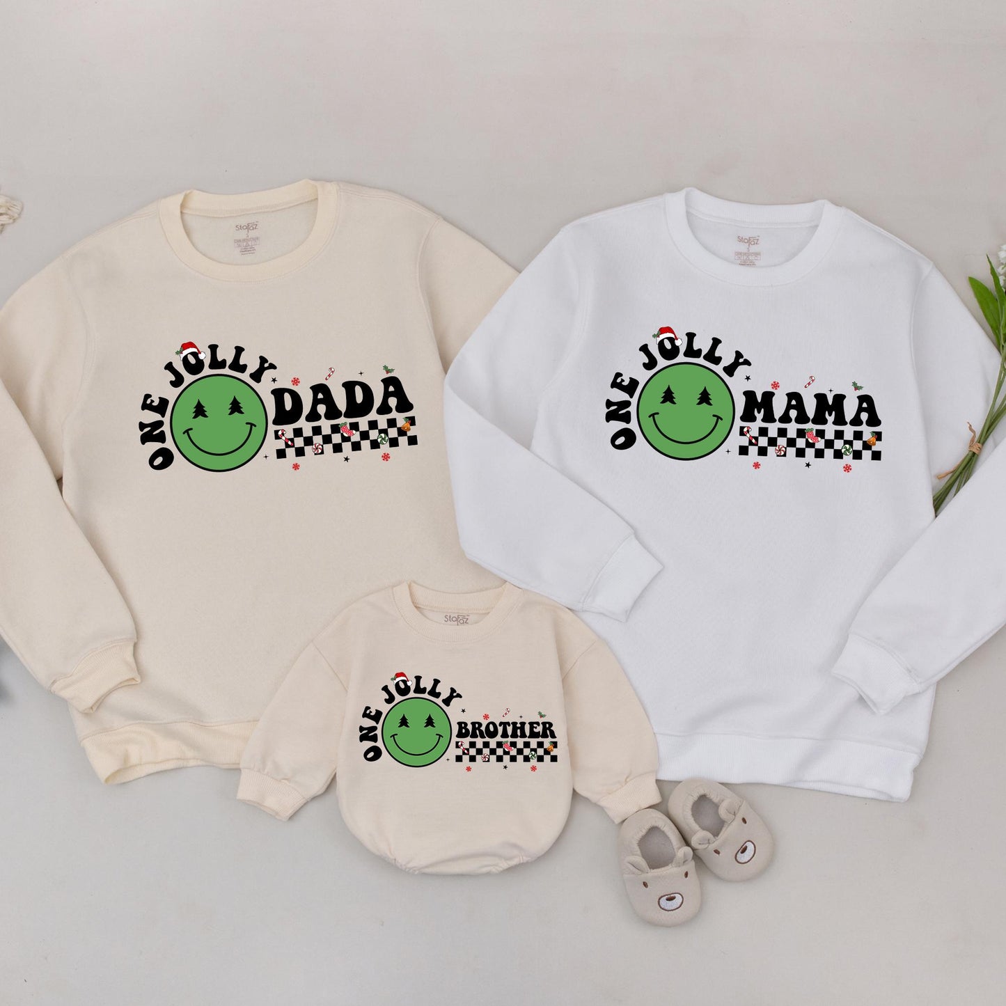 Personalized One Jolly Family Christmas Sweatshirt with Santa Hat & Smiley Face! Matching Mommy & Me Holiday Outfits for New Parents