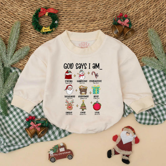 God Says I Am Christmas Baby Romper Christian Bodysuit Festive Red Green Blue Design with Santa Reindeer Whimsical Bible Verse Baby Holiday Gift