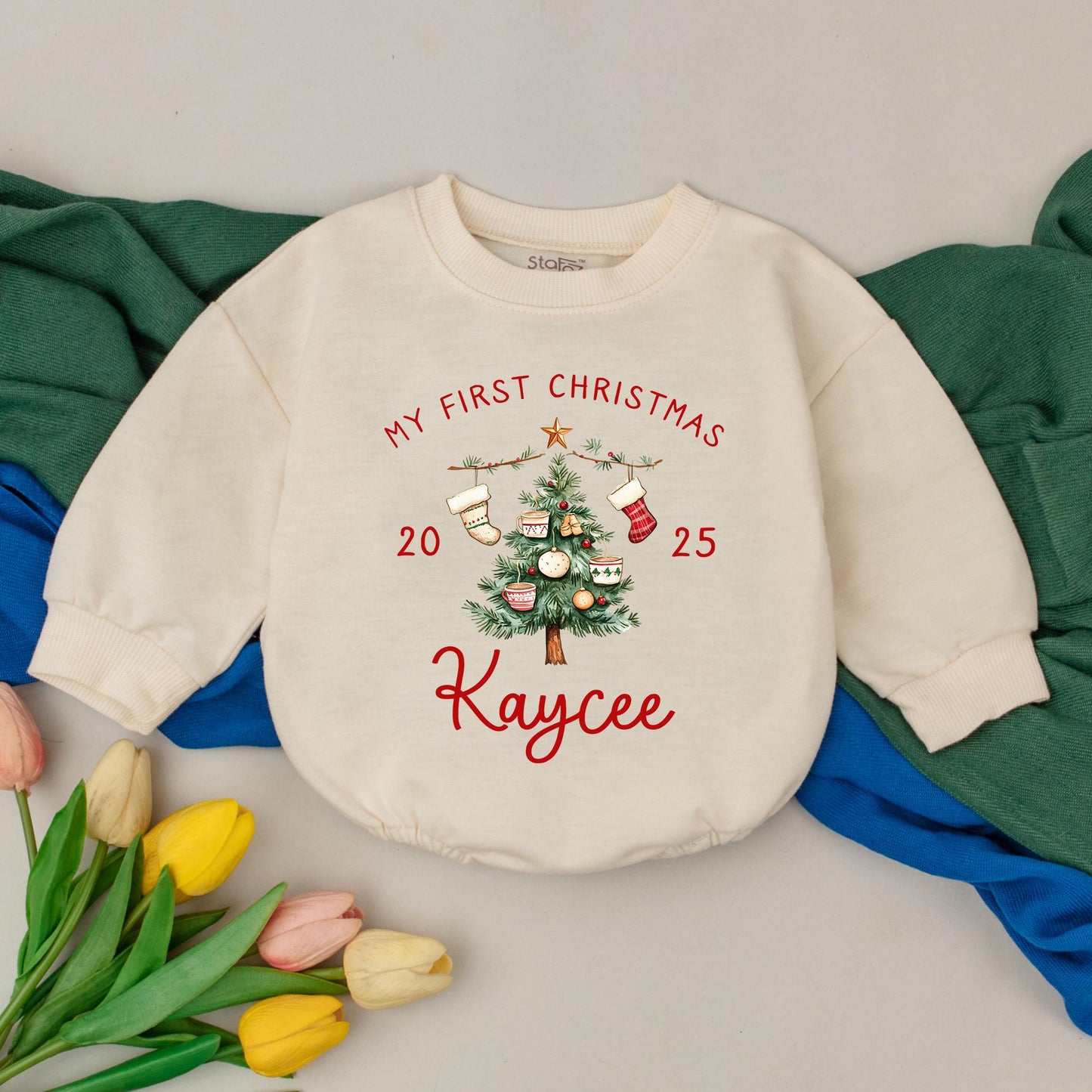 Personalized My First Christmas Romper, Custom Kaycee Name 2025 Bodysuit, Baby Xmas Outfit, Winter Clothes, Baby Shower Gift, Tree & Ornaments Design (139)