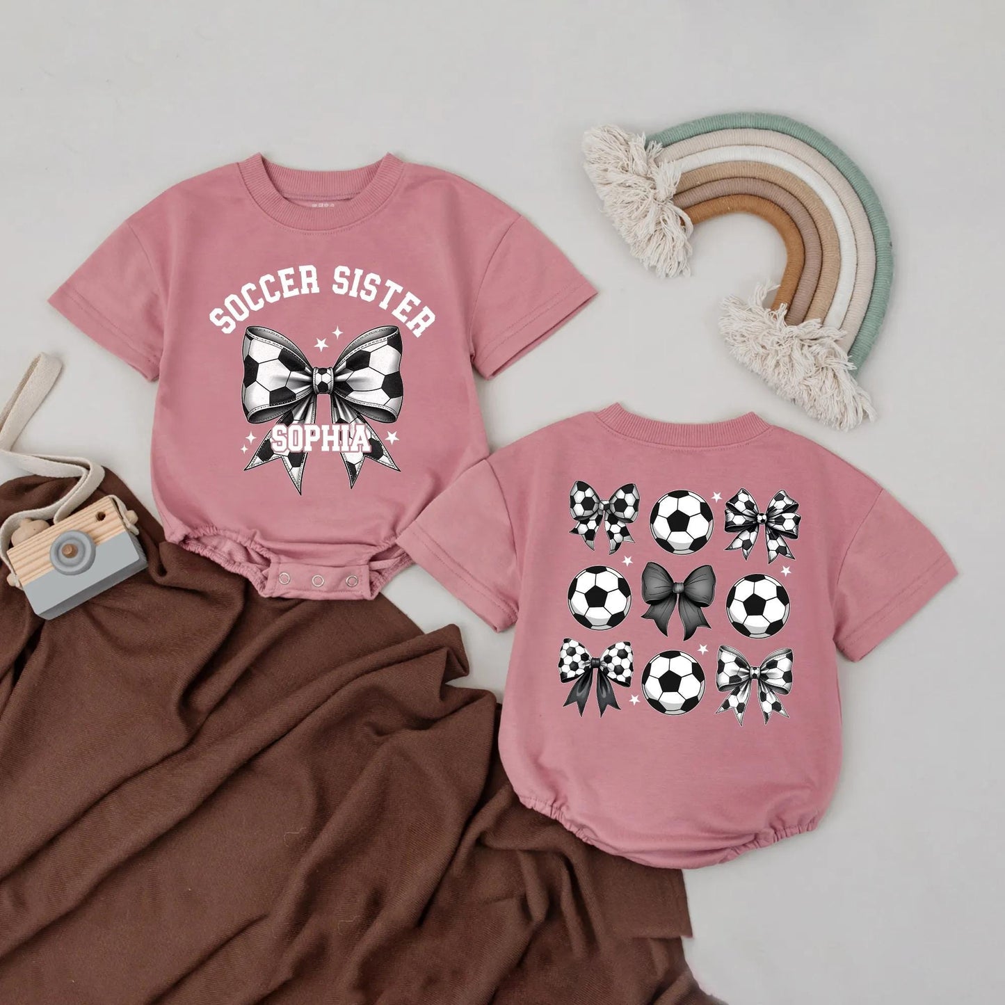 Personalized Soccer Sister Baby Romper with Custom Name, Black & White Sporty Bodysuit, Football Season Baby Clothes, Gift