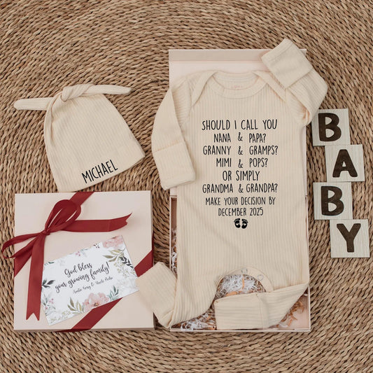 Custom Grandparents Pregnancy Announcement Baby Bodysuit Playful Poem Asking Names Nana Papa Mimi Pops Reveal Gift Newborn Clothes