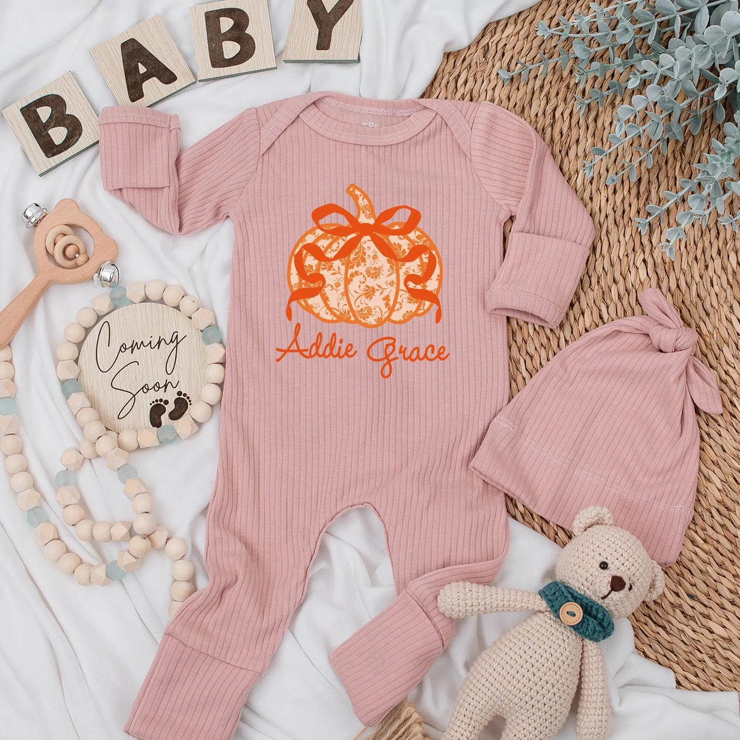Addie Grace Personalized Bow Pumpkin Baby Girl Bodysuit Cute Orange Floral Autumn Thanksgiving Newborn Outfit First Birthday Gift