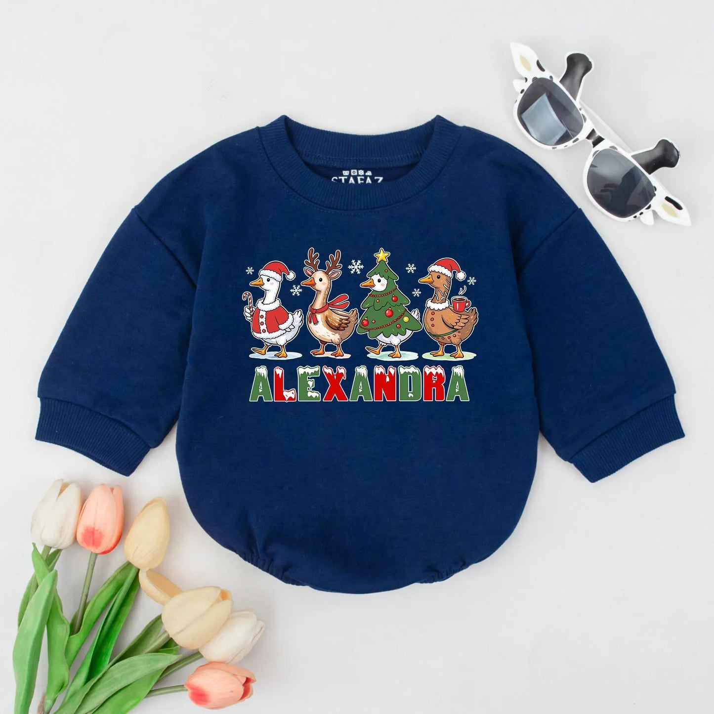 Personalized Christmas Goose Baby Romper with Name Cute Festive Winter Outfit First Xmas Bodysuit Gift featuring Santa Reindeer Tree Snowflakes for Infants