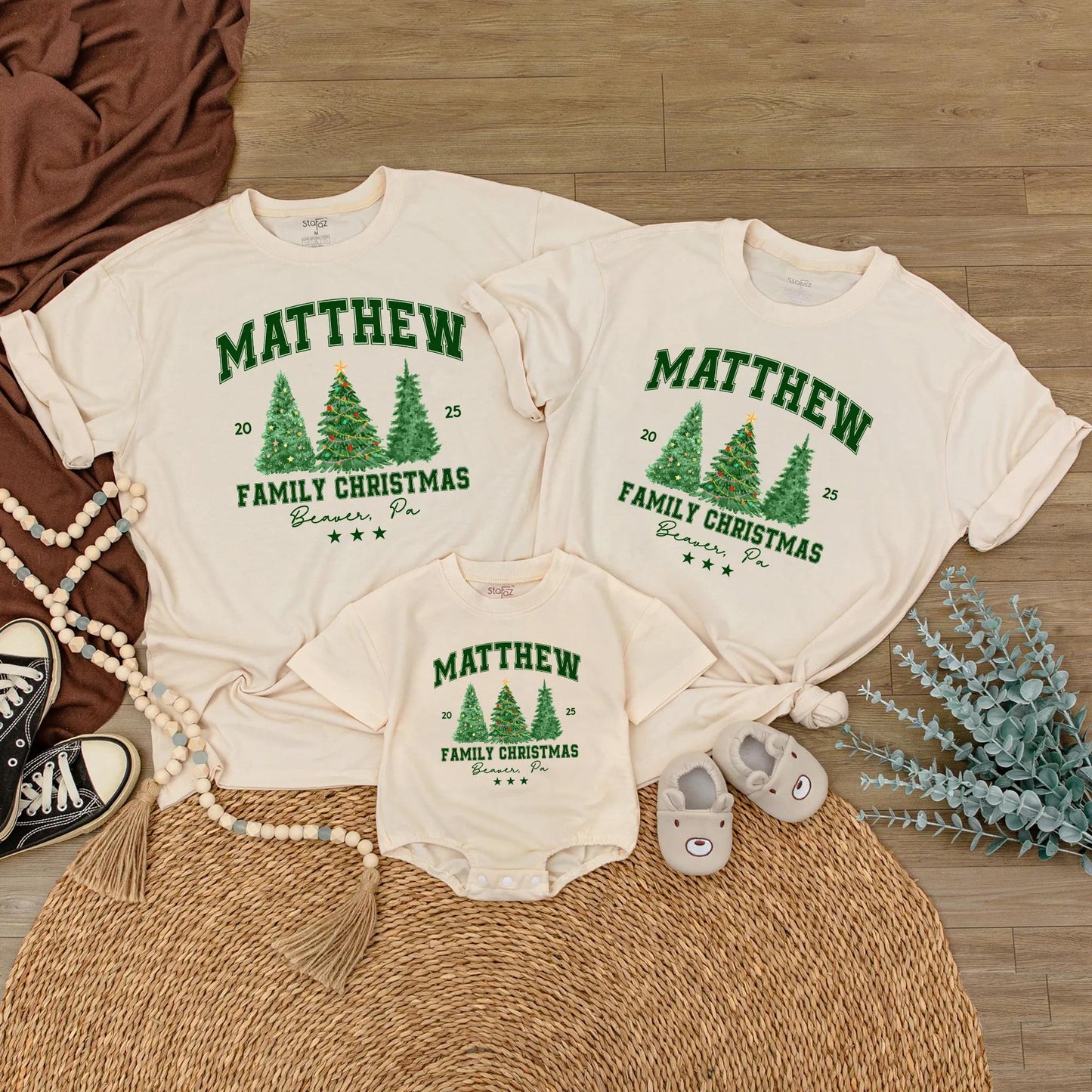 Custom Beaver, PA Family Christmas 2025 Shirt, Green Trees, Last Name, Festive Holiday Tee, Matching Family Vacation Trip, Green Block Letters 20 25