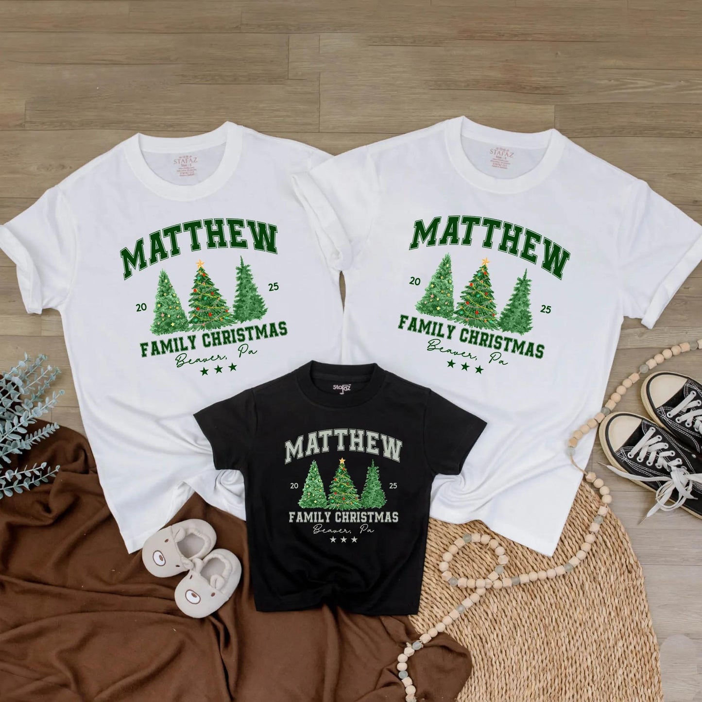 Custom Beaver, PA Family Christmas 2025 Shirt, Green Trees, Last Name, Festive Holiday Tee, Matching Family Vacation Trip, Green Block Letters 20 25
