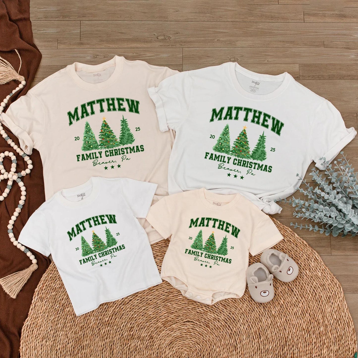 Custom Beaver, PA Family Christmas 2025 Shirt, Green Trees, Last Name, Festive Holiday Tee, Matching Family Vacation Trip, Green Block Letters 20 25