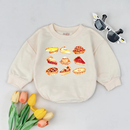 Sweet Pumpkin Pie Bubble Romper First Thanksgiving Baby Outfit with whimsical watercolor pie slices newborn infant clothes fall baby shower gift cute coming home outfit