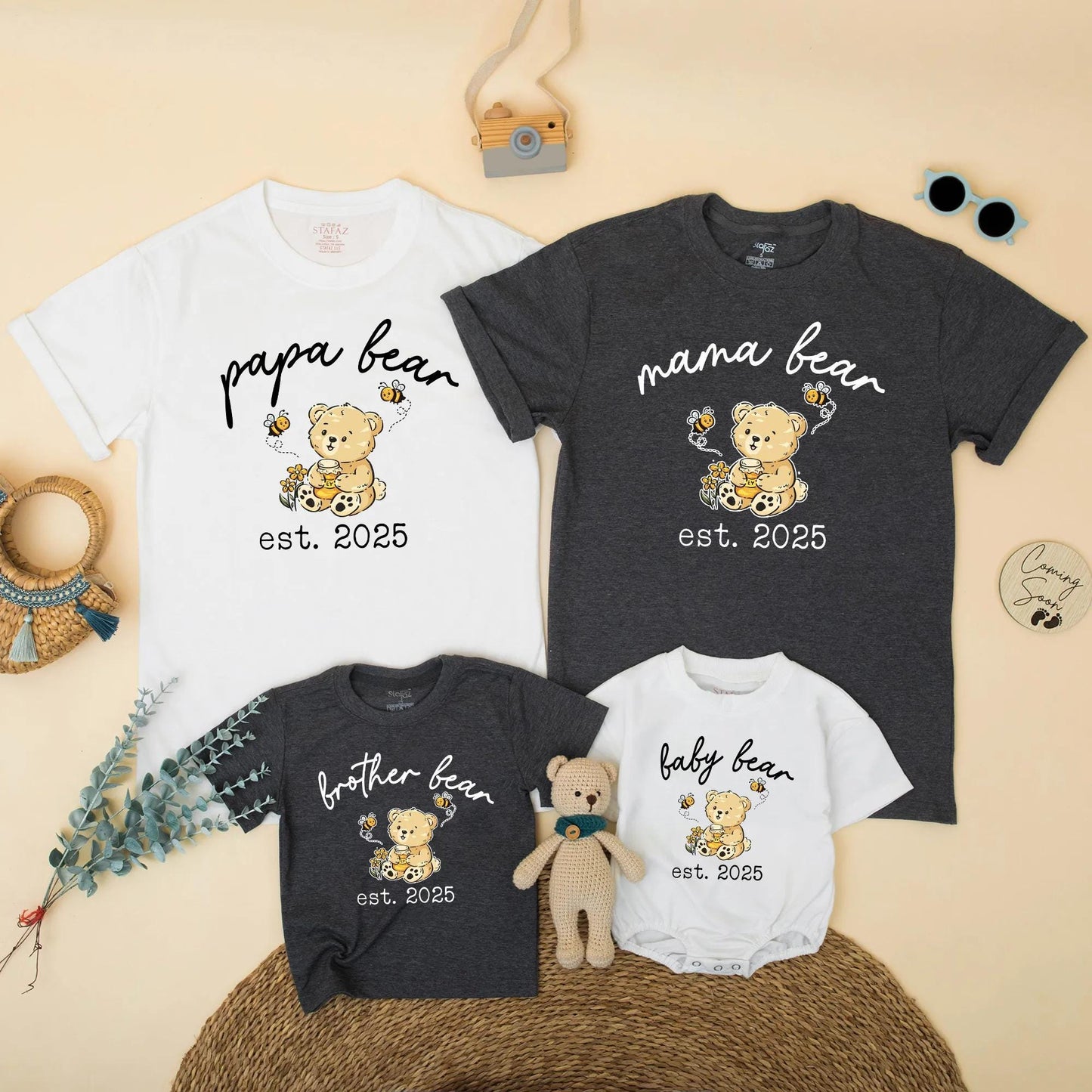 Mama Bear Papa Bear Baby Bear Est Matching Family Shirts Cute Bear Cub Honey Pot Floral Design Personalized Baby Announcement Gift for New Parents 130 Characters