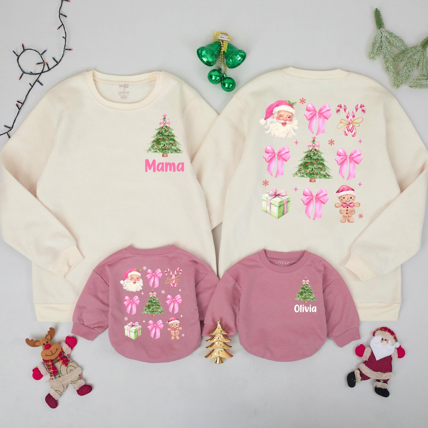 Personalized Mama Christmas Sweatshirt, Matching Xmas Family Outfits, Custom Name Olivia Holiday Sweaters, Pink Green Watercolor Tree, Baby's First Xmas Gift